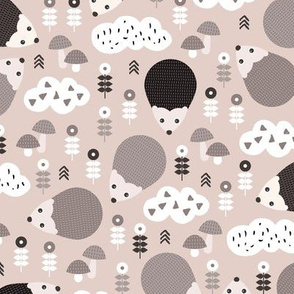 Hedgehog autumn garden with flowers clouds and fall elements gender neutral kids pattern