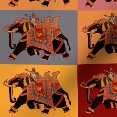 Majestic Elephant and Rider on large colorful squares