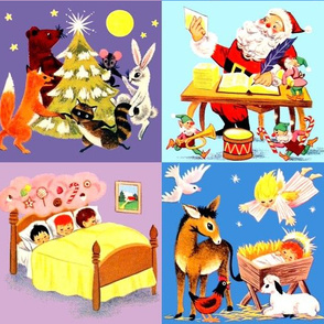 cheater quilt Christmas trees foxes bears rabbits racoon mouse moon stars Santa Claus Elf elves trumpets drums candy canes children gifts sweets letters lists dreams lollipops pastries pastry sleeping beds angels doves donkeys roosters sheep lambs baby ba