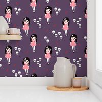 Hello vampire zombie girls cute kids halloween horror pattern with skulls and blood