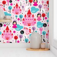 Unicorn princess and castle fantasy dreams pink illustration pattern