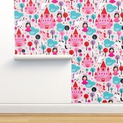 Unicorn princess and castle fantasy dreams pink illustration pattern