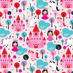 Unicorn princess and castle fantasy dreams pink illustration pattern