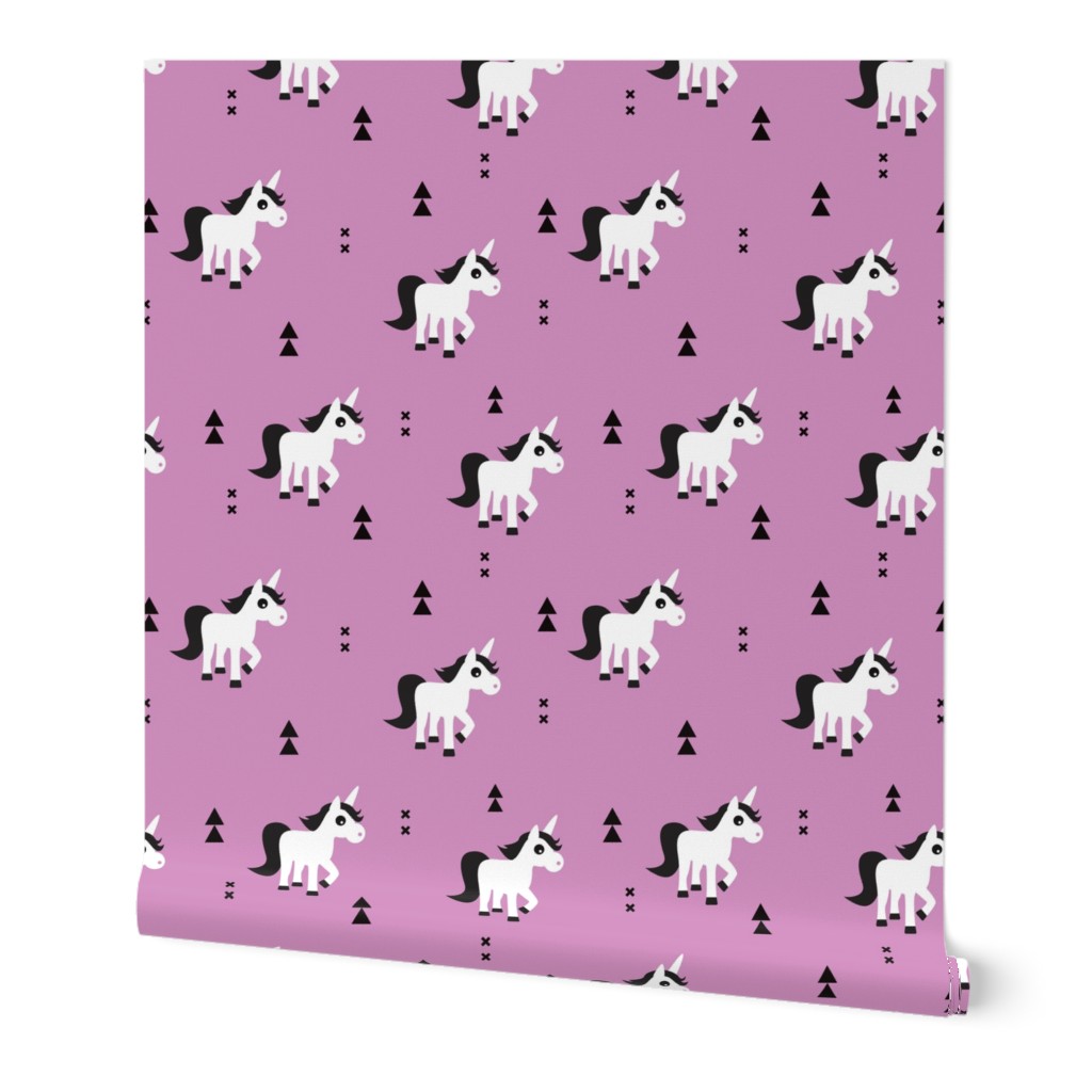 Geometric unicorn fantasy kids illustration with arrows in violet