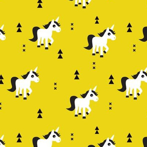 Geometric unicorn fantasy kids illustration with arrows in mustard yellow