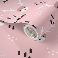 Scandinavian style reindeer winter winderland with pine trees and mountain woodland snow abstract illustration pink