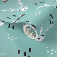 Scandinavian style reindeer winter winderland with pine trees and mountain woodland snow abstract illustration