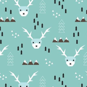 Scandinavian style reindeer winter winderland with pine trees and mountain woodland snow abstract illustration