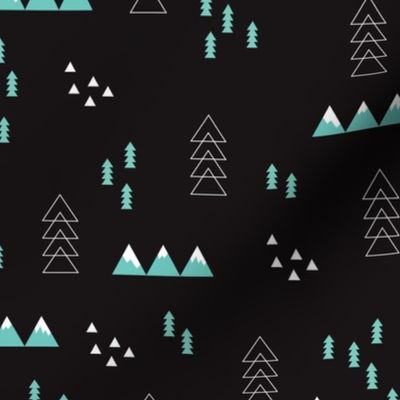 Dark night scandinavian style winter winderland with pine trees and mountain woodland snow abstract illustration