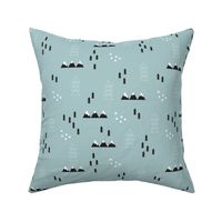 Scandinavian style winter winderland with pine trees and mountain woodland snow abstract illustration