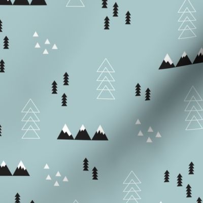 Scandinavian style winter winderland with pine trees and mountain woodland snow abstract illustration