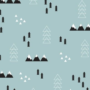 Scandinavian style winter winderland with pine trees and mountain woodland snow abstract illustration