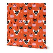 Cute halloween pumpkin black cat and spooky owl geometric design kids pattern