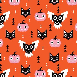 Cute halloween pumpkin black cat and spooky owl geometric design kids pattern
