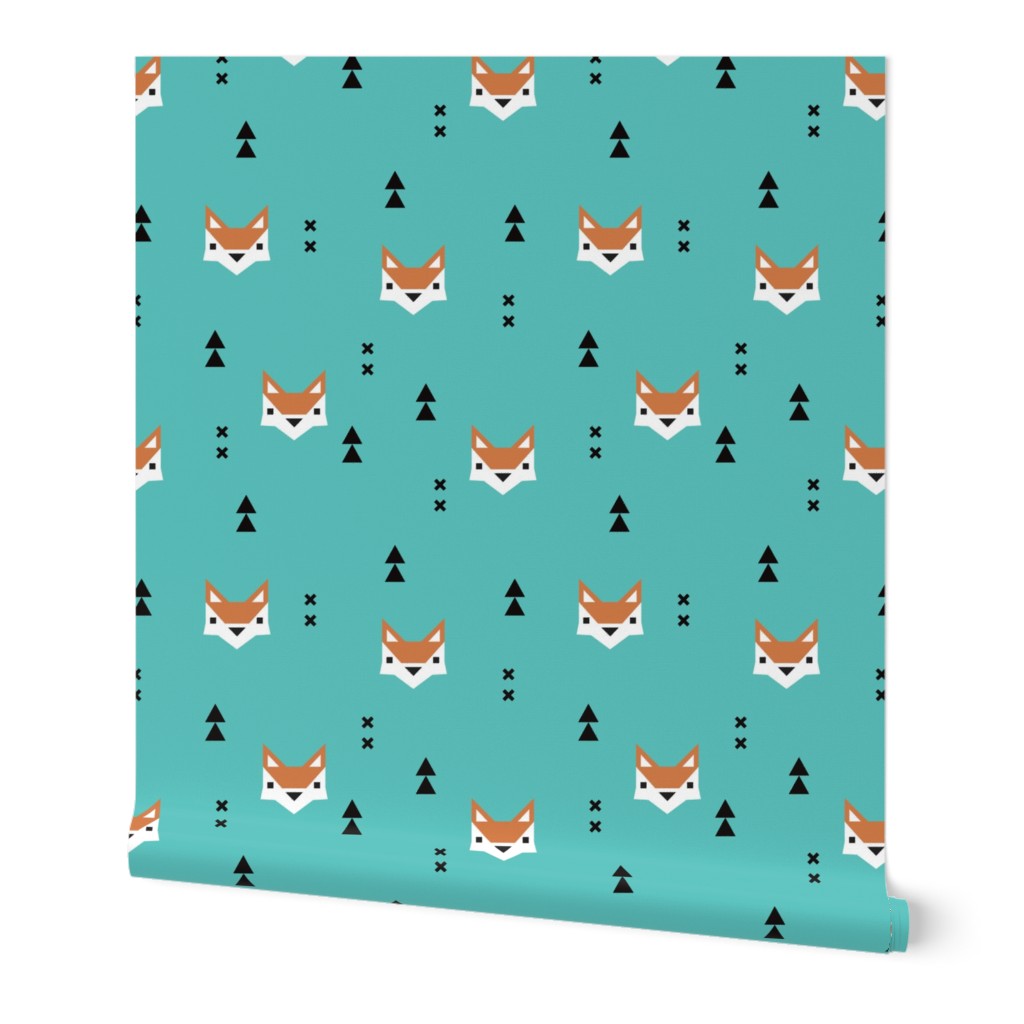 Cute geometric fox illustration scandinavian style fall pattern design in blue