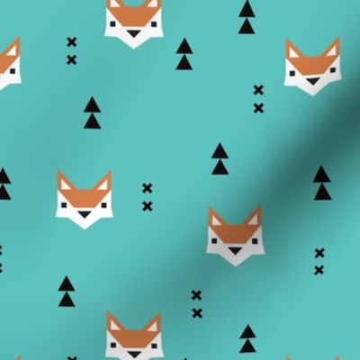 Cute geometric fox illustration scandinavian style fall pattern design in blue