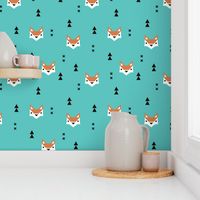 Cute geometric fox illustration scandinavian style fall pattern design in blue