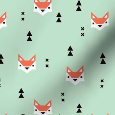 Cute geometric fox illustration scandinavian style fall pattern design in mint