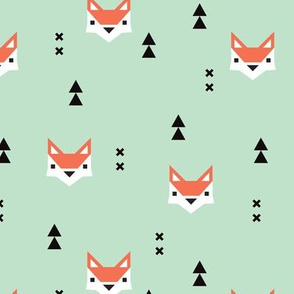 Cute geometric fox illustration scandinavian style fall pattern design in mint