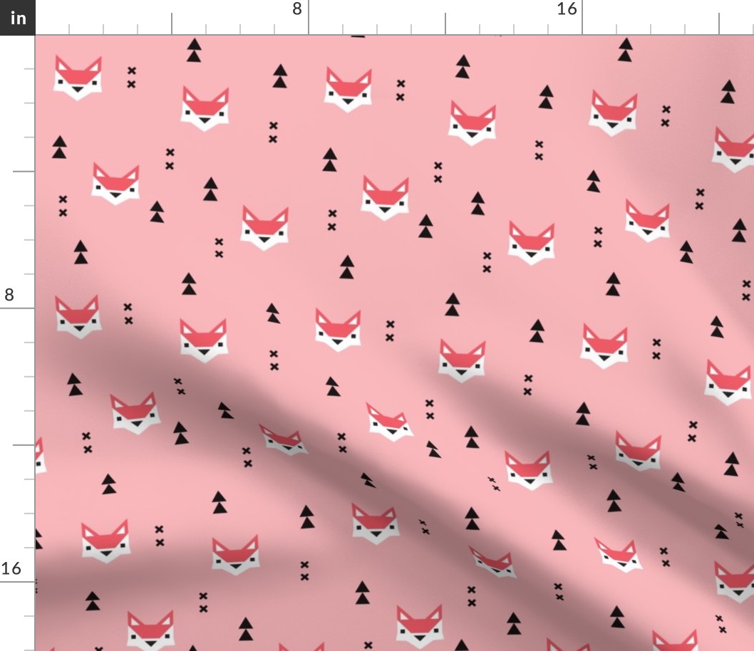 Cute geometric fox illustration scandinavian style fall pattern design in pink