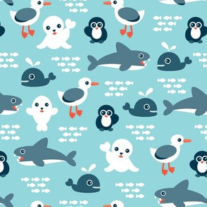 Sea life Animals Seal Whale Shark Penguin and albatross australian theme kids blue ocean print