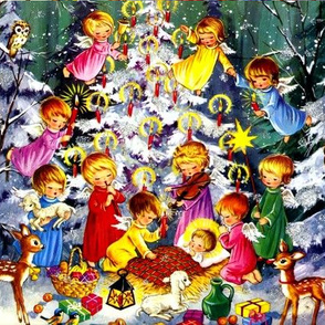 Christmas snow winter angels cherubs nativity Jesus Christ baby infant candles squirrels deers lambs sheep birds presents gifts owls stars oranges fruits bananas grapes apples lanterns bells music musicians violins flute children