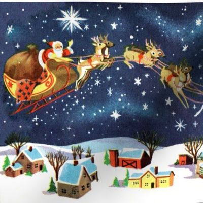 Merry Christmas snow winter stars night houses towns trees sleigh gifts presents reindeer vintage retro kitsch seamless