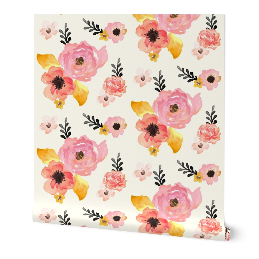 Large Print - Floral Dreams in Pink Yellow Black & Coral