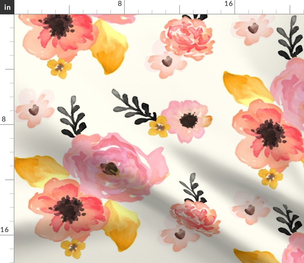 Large Print - Floral Dreams in Pink Yellow Black & Coral