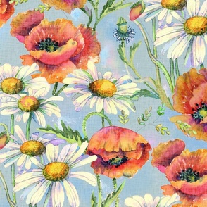 Poppies & daisies - sky blue