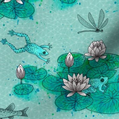 Water Lilies with frog and watercolor