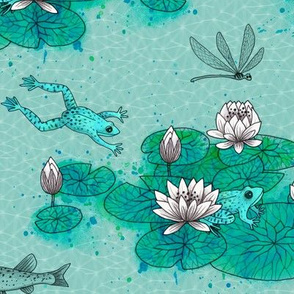 Water Lilies with frog and watercolor