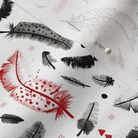 Geometric watercolor feathers in black white and pink scandinavian style illustration design red fall colors