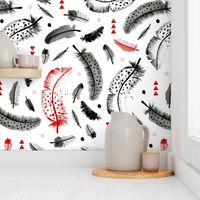 Geometric watercolor feathers in black white and pink scandinavian style illustration design red fall colors