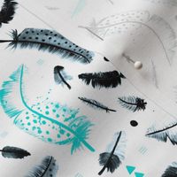 Geometric watercolor feathers in black white and pink scandinavian style illustration design turquoise winter blue