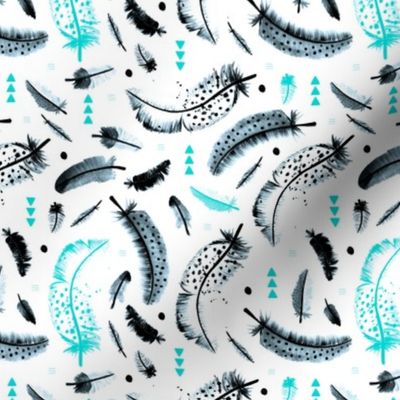 Geometric watercolor feathers in black white and pink scandinavian style illustration design turquoise winter blue