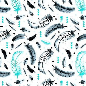 Geometric watercolor feathers in black white and pink scandinavian style illustration design turquoise winter blue