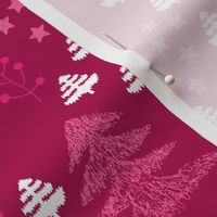 Colorful christmas woodland trees stars and mistletoe branch hand drawn nature illustration seasonal decoration textile pink
