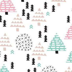 Colorful christmas woodland trees stars and mistletoe branch hand drawn nature illustration seasonal scandinavian forest textile