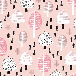 Colorful pastel christmas woodland trees stars and mistletoe branch hand drawn nature illustration seasonal scandinavian forest textile pink