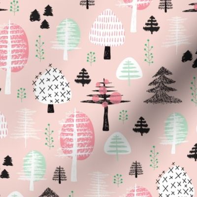 Colorful pastel spring woodland trees stars and mistletoe branch hand drawn nature illustration seasonal scandinavian forest textile pink