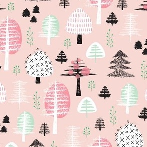 Colorful pastel spring woodland trees stars and mistletoe branch hand drawn nature illustration seasonal scandinavian forest textile pink
