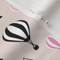 Scandinavian pastels and black and white hot air balloons and geometric clouds sky illustration pattern
