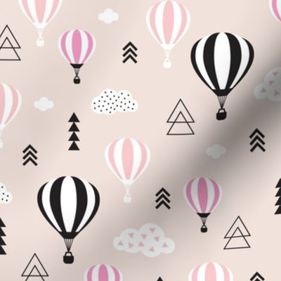 Scandinavian pastels and black and white hot air balloons and geometric clouds sky illustration pattern