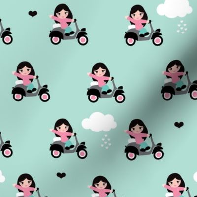 Cute little girls driving Italian Vespa scooter fun clouds kids print
