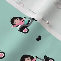 Cute little girls driving Italian Vespa scooter fun clouds kids print