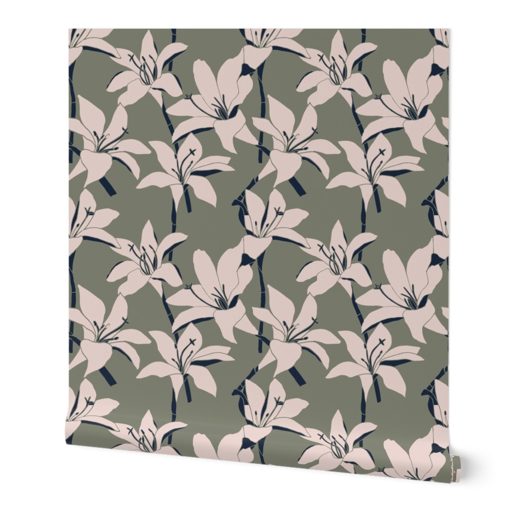 Amaryllis Floral Line Drawing, Light Rose and Navy on Green