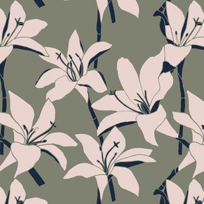 Amaryllis Floral Line Drawing, Light Rose and Navy on Green