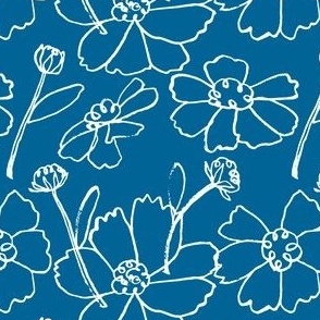 Brushed Ink Floral Bursts, White on Blue