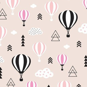 Scandinavian pastels and black and white hot air balloons and geometric clouds sky illustration pattern pink